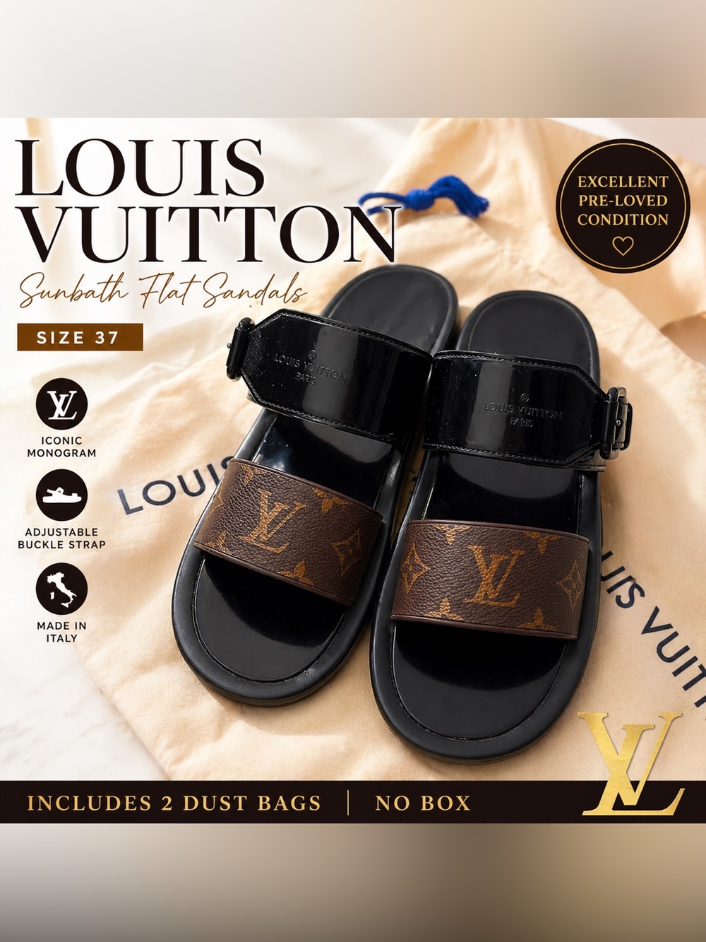 Louis Vuitton Monogram Sunbath Flat Mule Sandals | Size 37